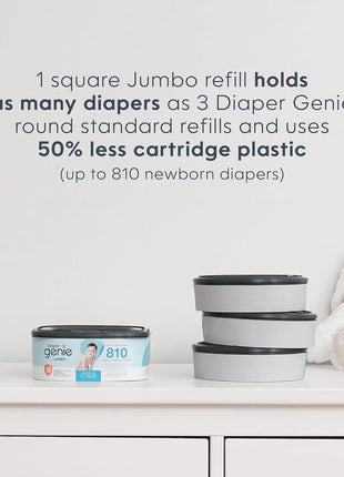 Diaper Genie Jumbo Square Refill, with Continuous Film, can Hold up to 810 Newborn-Sized Diapers per Refill.
