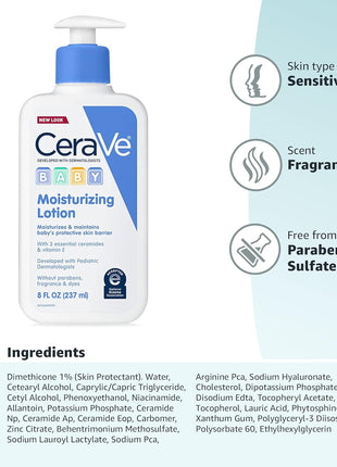 CeraVe Baby Lotion, Baby Skin Moisturizer with Vitamin E & Niacinamide, 8oz | Gently Hydrates Delicate Skin with A Non-Greasy Feel, Free Of Fragrance, Dyes, Paraben & Phthalates
