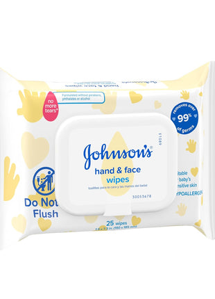 Johnson's Baby Disposable Hand & Face Cleansing Wipes, Pre-Moistened Wipes Gently Remove 99% of Germs & Dirt from Delicate Skin, Paraben-, Phthalate- & Alcohol-Free, Hypoallergenic, 25 Count
