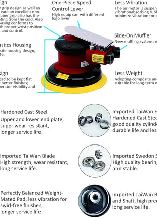Professional Air Random Orbital Palm Sander, Dual Action Pneumatic Sander, Low Vibration, Heavy Duty ... (6 inch)