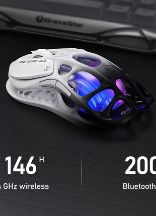 GravaStar Mercury M1 Pro Gaming Mouse, Lightweight Magnesium Alloy, 26,000 DPI, PAW3395DM Sensor, 5 Programmable Buttons, Support Wired/2.4GHz/BT, Up to 200 Hours Battery Life (Gradient Black)
