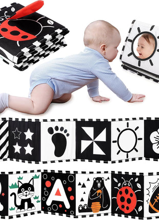 URMYWO Black and White Baby Toy, Tummy Time High Contrast Newborn Toys | Visual Stimulation Soft Baby Book, Brain Development Montessori Sensory Infant Mirror Toy 0-6-12 Months, Boy Girl Shower Gift