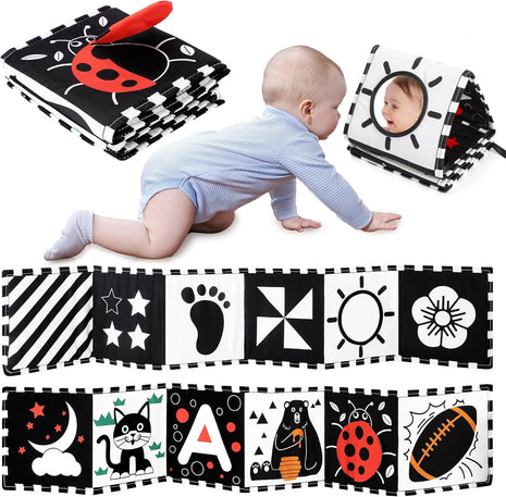 URMYWO Black and White Baby Toy, Tummy Time High Contrast Newborn Toys | Visual Stimulation Soft Baby Book, Brain Development Montessori Sensory Infant Mirror Toy 0-6-12 Months, Boy Girl Shower Gift