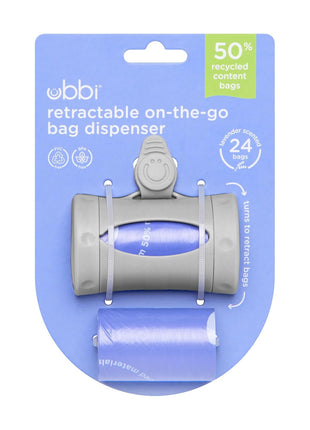 Ubbi Retractable Bag Dispenser for Diaper Bag, Gray | Portable Bag Holder for Travel, Clips to Stroller or Diaper Bag, Newborn Baby Essentials, Includes 24 Lavender Scented Bags