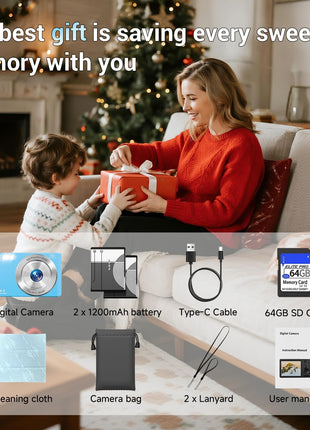 SMARTKLIK Digital Camera for Teens, FHD 4K 44MP with 64GB SD Card, 16X Digital Zoom, Compact Point Shoot Camera Blue