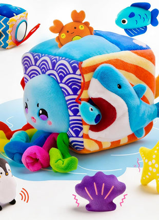 Baby Toys 6-12 Months, Montessori Sensory Toys with 5 Plush Sea Animals | Soft Mystery Box with Crinkle,Squeaky,Rattle & Mirror for Fine Motor Play & Multi-Sensory Learning,Gifts for Infants & Babies