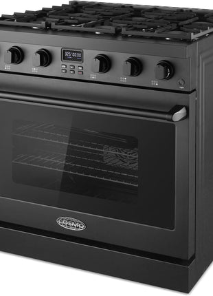 36 in. Lumin Coll 6.1 cu. ft. 6 Burner Gas Range, Convection, Matte Black | Cosmo COS-GRC366KB-BK Sealed Burners, 6 Oven Function, Digital Display with Timer, Cast Iron Grates, LP Convertible