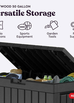 Keter Kentwood 50 Gallon Resin Deck Box-Organization and Storage for Patio Cushions, Throw Pillows and Garden Tools, Dark Grey