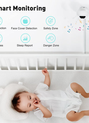 Simyke Video Baby Monitor with App and Screen 1080P Camera, Cry Detection, Lullabies, Two Way Talk, Night Vision, Face Detection, Wall Mount, Connect Smart Watch, Temperature Monitoring, Gift for Baby