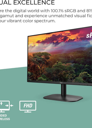 AOC 24B2H2 24 inch Frameless IPS Monitor, FHD 1920x1080, 100Hz, 106% sRGB, for Home and Office, HDMI x2, Low Blue Mode, VESA Compatible, Black