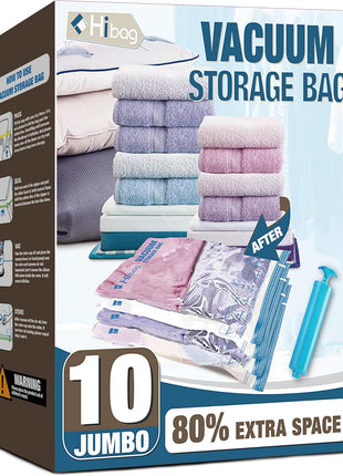 HIBAG Vacuum Storage Seal Bags, 10 Jumbo Space Saver Vacuum Sealer Bags for Clothes, Comforters, Blankets, Bedding (10J)