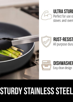 GORILLA GRIP Stainless Steel Heat Resistant Kitchen Tongs for Cooking, Set of 2 BBQ Tong, Non Scratch Silicone Tip for Pans, Strong Grip, Grab Food, Toss Salad, Air Fryer, Pull Lock, 7 + 9 Inch, Black