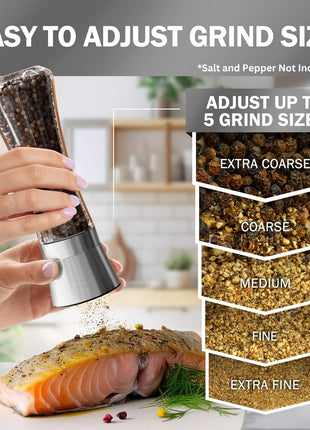 Home EC Premium Stainless Steel Sea Salt and Pepper Grinder Set of 2 - Adjustable Ceramic - Tall Glass Salt and Pepper Shakers - Kitchen Spice Mill W/Funnel & EBook