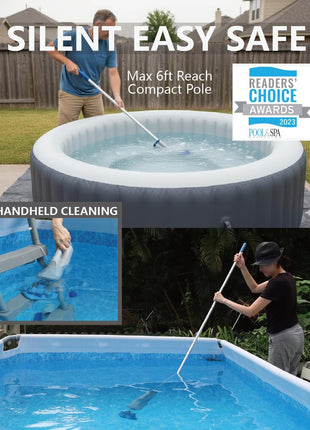 KOKIDO Cordless Handheld Pool Vacuum for Above Ground Pool, with 6ft Pole and 2 Vac Brush Heads, Ideal for Spot Cleaning Small Inground Pool Spa up to 20ft, Rechargeable, 60min, Sand and Light Debris