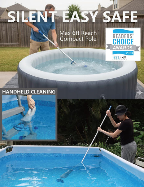 KOKIDO Cordless Handheld Pool Vacuum for Above Ground Pool, with 6ft Pole and 2 Vac Brush Heads, Ideal for Spot Cleaning Small Inground Pool Spa up to 20ft, Rechargeable, 60min, Sand and Light Debris