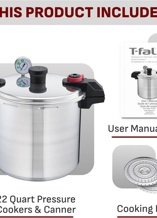 T-fal 22-Quart Aluminum Pressure Canner, 3 PSI Settings, Home Canning, Includes Racks & Canning Guide, Large Capacity, Pressure & Water Bath Canning for Vegetables, Meats, Seafood & Fruits, Silver