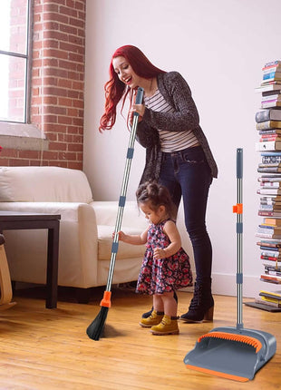 kelamayi Upgrade Broom and Dustpan Set, Self Cleaning with Dustpan Teeth, Indoor&Outdoor Sweeping, Ideal for Dog Cat Pets Home Use, Stand Up Broom and Dustpan (Gray&Orange)