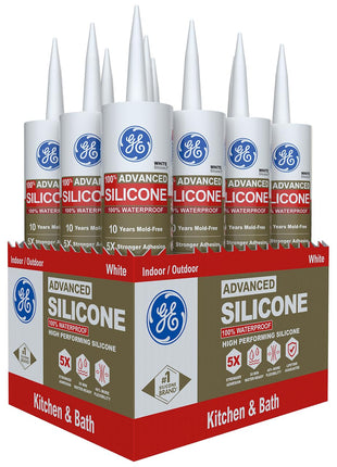 GE Advanced Silicone Caulk for Kitchen & Bathroom, White, 10 fl oz Cartridge, 1 Pack - 100% Waterproof Silicone Sealant, 5X Stronger Adhesion, Shrink & Crack Proof