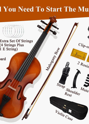 PHOENIX Violin 4/4 Full Size Kit, Violin Fiddle Set for Beginner Adults Student with Rosewood Bow Extra Strings & Bridge (Natural, 4/4)