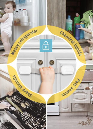 4our Kiddies 14 Pack Baby Proof Cabinet Latches, Childproof Drawer Latches with 12 Extra 3M Adhesives, Adjustable No Drilling Child Safety Cabinet Locks Straps Baby Drawer Locks for Kids Baby Safety