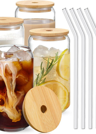 Drinking Glasses with Bamboo Lids and Glass Straw 4pcs Set - 16oz Glass Cups, Iced Coffee Glasses, Cute iced Tea Glasses, Beer Glasses, Ideal for Coffee Bar Accessories, Aesthetic Gift - 2 Brushes