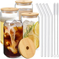 Drinking Glasses with Bamboo Lids and Glass Straw 4pcs Set   16oz Glass Cups, Iced Coffee Glasses, Cute iced Tea Glasses, Beer Glasses, Ideal for Coffee Bar Accessories, Aesthetic Gift   2 Brushes