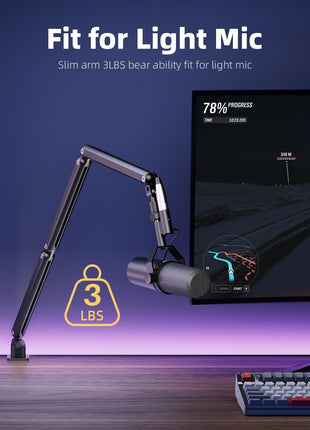 TODI Mic Arm for Lightweight Mics, Microphone Arm Rotatable, Storable Desk Mic Stand for Bear 3LB with Mount Clamp, Mic Stand Boom Arm with Cable Channel with 3/8'' 5/8'' Thread for Podcast, Gaming
