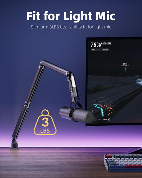 TODI Mic Arm for Lightweight Mics, Microphone Arm Rotatable, Storable Desk Mic Stand for Bear 3LB with Mount Clamp, Mic Stand Boom Arm with Cable Channel with 3/8'' 5/8'' Thread for Podcast, Gaming