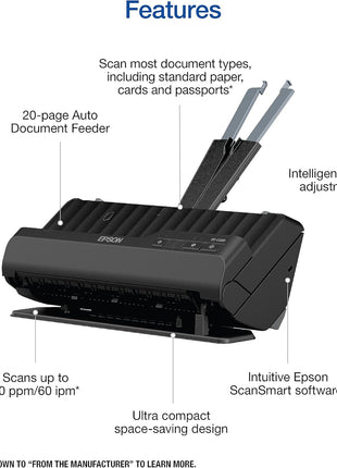 Epson Workforce ES-C220 Compact Document Scanner Duplex 20-pg ADF | 20-Page Auto Document Feeder 30 ppm/60 ipm Speed Portable Scanner for PC and Mac