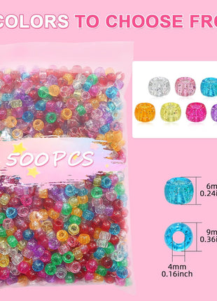 Amaney 500 Pieces Glitter Pony Beads 6x9mm Mixed Colors Transparent Plastic for Hair Braids Jewelry Making