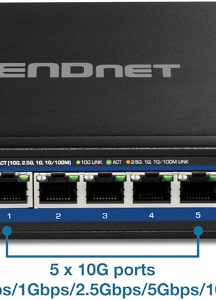 TRENDnet 5-Port 10G Switch, TEG-S750, 5 x 10G RJ-45 Ports, 100Gbps Switching Capacity, Supports 2.5G and 5G-Base-T Connections, Ethernet Splitter, NDAA & TAA Compliant, Lifetime Protection, Black