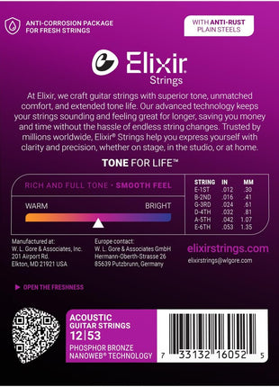 Elixir Strings, Acoustic Guitar Strings, Phosphor Bronze with NANOWEB Coating, Longest-Lasting Rich and Full Tone with Comfortable Feel, 6 String Set, Light 12-53