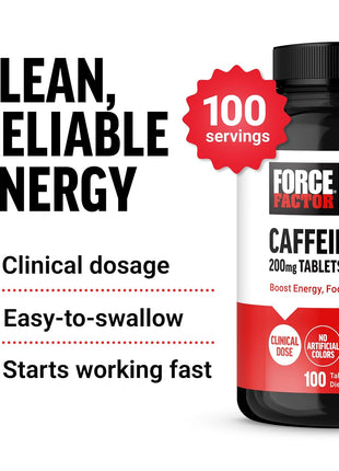 Force Factor Caffeine Pills 200mg, Boost Energy, Focus & Strength | Premium Quality Caffeine Tablets, Performance & Energy Support Supplement, 100 Tablets
