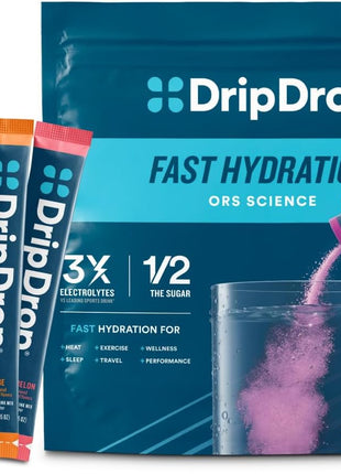 DripDrop Hydration Packets   Bold Variety Pack   Single Serve Electrolytes Powder Drink Mix   Watermelon, Berry, Lemon, Orange   Non GMO, Gluten Free, Vegan   32 Sticks