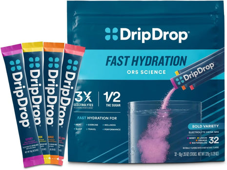 DripDrop Hydration Packets   Bold Variety Pack   Single Serve Electrolytes Powder Drink Mix   Watermelon, Berry, Lemon, Orange   Non GMO, Gluten Free, Vegan   32 Sticks