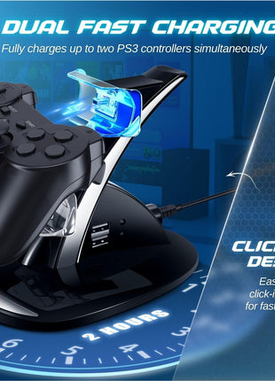 TNP Compatible with PS3 Controller Charger Stand for Sony Playstation 3 Controller compatible with Dualshock 3 Charging, 2 Tier Docking Station Stand and 2 USB PS3 Cable ports with LED Indicators