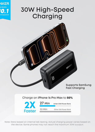 Anker Portable Charger, 10,000mAh 30W Power Bank, USB-C in and Out Fast Charging Battery Pack, Travel Essential Phone Power Bank, for iPhone 16/15, iPad, MacBook, Galaxy, Google, and More