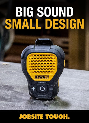 DEWALT Wearable Bluetooth Speaker (Updated Version), Clip-On Wireless Jobsite Pro Water-Resistant Portable Speaker (Non-Magnetic), Built-in Mic for Hands-Free Music/Calls, Bluetooth Speaker (Yellow)