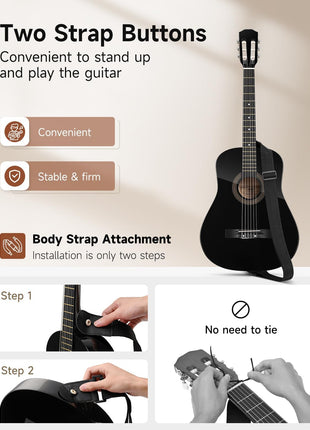 Moukey 38" Acoustic Guitar for Beginners Kids Youth Adult Dreadnought Guitarra Acustica Kit with Chord Poster, Gig Bag, Tuner, Picks, Nylon Strings, Capo, Strap - Black