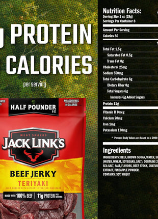 Jack Link's Teriyaki Beef Jerky Half Pounder - 8 oz Large Jerky Bag - Ready to Eat Real Meat Protein Snacks - 11g Protein per Serving - Made with 100% Real Beef