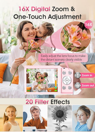 Digital Camera,Autofocus 4K Vlogging Camera for Photography with 32GB Card,48MP Portable Compact Point and Shoot Digital Camera for Teens Adult Beginner with 16X Zoom,Anti-Shake,2 Batteries(Pink)