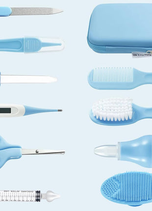 PandaEar Baby Healthcare & Grooming Kit - Baby Safety Set Comb, Brush, Finger Toothbrush, Nail Clippers, Scissors, Nasal Aspirator - Nursery Care Kit (Blue)