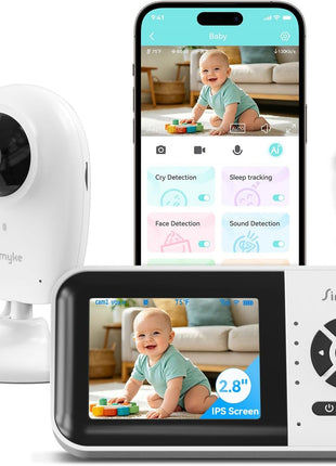 Simyke Smart Video Baby Monitor,2.8inch Display & 1080p Camera,WiFi/No WiFi Modes,Cry Detection,2-Way Audio Talk,VOX/ECO,Feeding Timer,Temperature Sensor,Night Vision,8 Lullabies, Supports 4 Cameras
