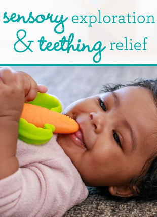 Infantino Lil' Nibbles Textured Silicone Teether, BPA-Free Baby Teething Toy, Soft, Easy to Hold, Sensory Stimulation for Infants, Carrot