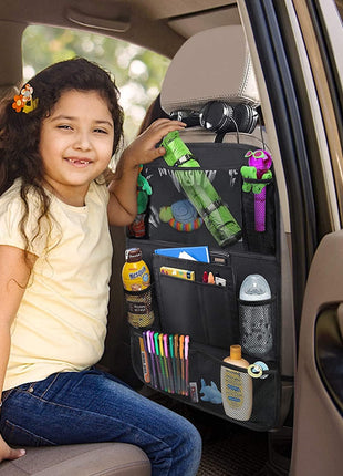 ULEEKA Car Backseat Organizer with 10 inch Table Holder, 9 Storage Pockets Seat Back Protectors Kick Mats for Kids Toddlers, Travel Accessories, 2 Pack