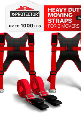 X-Protector Moving Straps - 2 Pairs - Red Lifting Straps for 2 Movers | Move Furniture Easily and Safely - Perfect for Lifting & Moving Heavy Objects (Adjustable Length 50-118", with Back Support)