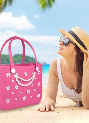 Charms for Bogg Bag,Decorative Flowers Pearls and Chain Set for Rubber Tote Bag, Must Have Accessories for Women Girls Simply Southern Beach Totes Bling Decoration