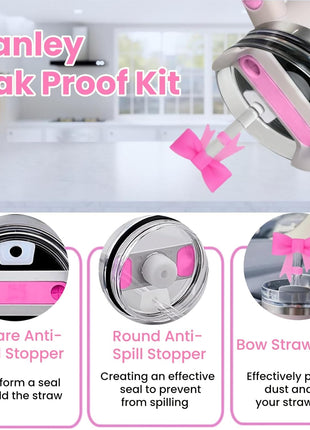 6PCS Pink Stanley Cup Accessories Set, Initials Decorations for Stanley Cup 30oz 40oz, Includes Bow Straw Topper, Handle Charm, Letter Sticker, Silicone Boot, Spill Proof Stopper (Letter A)