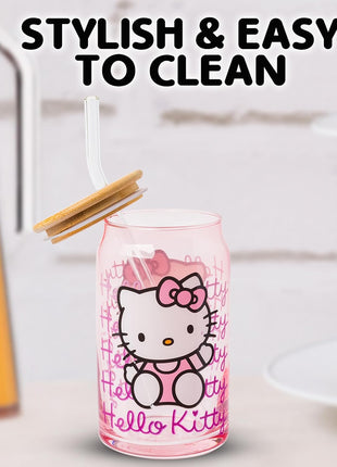 Silver Buffalo Sanrio Hello Kitty Waving Pink Glass Jar Tumbler with Bamboo Lid and Glass Straw, 16 Ounces