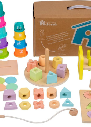 Adena Montessori 6 in 1 Sensory Play Kit 13-18 Months Baby | Made for newborns to build motor skills & hand-eye coordination, it brings diverse sensory play with smooth wooden toys.